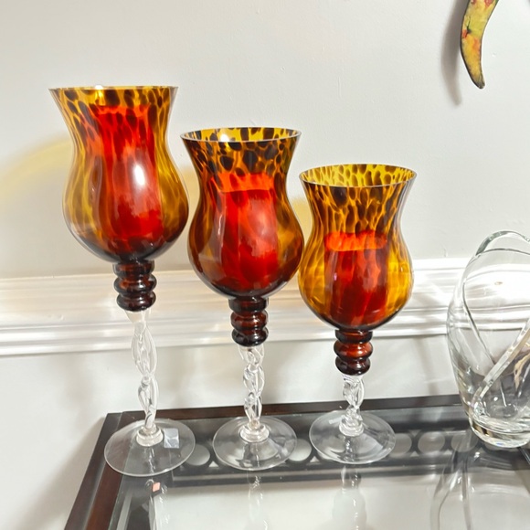 Vintage Twisted Amber Glass Pedestal Candle Holders Set of 3 - Picture 4 of 8